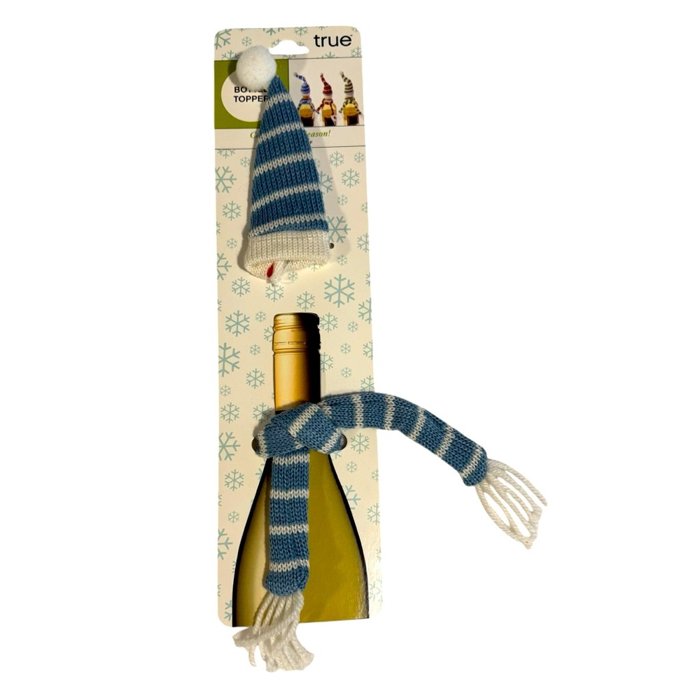 Blue & white Christmas celebrate the season knit hat & scarf wine bottle topper